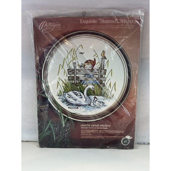 1977 Paragon Needlecraft Crewel #0571 Hummel Mother Swan 12" Round Vintage NOS - Picture 2 of 3